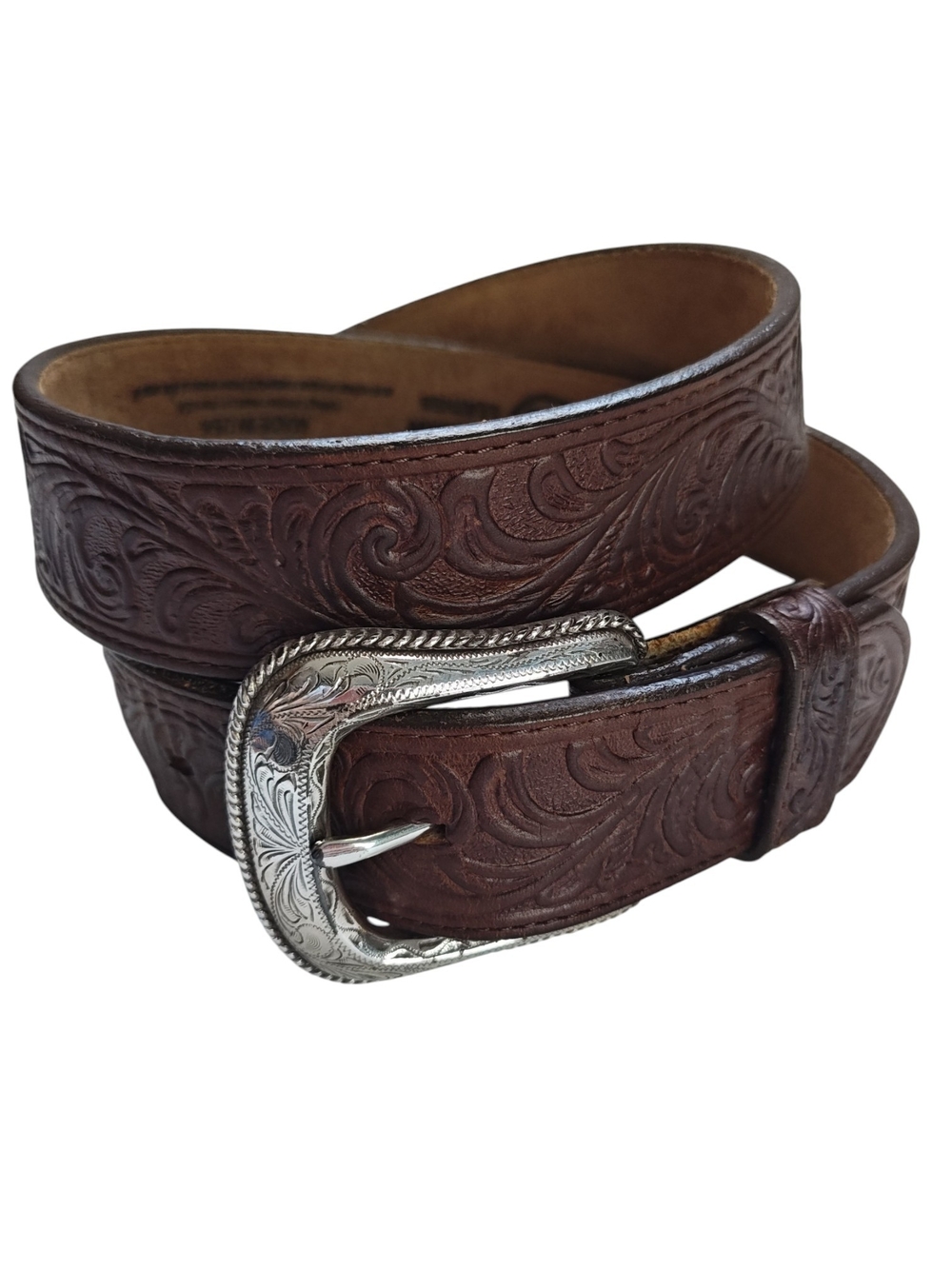 Silver Creek Vintage 1995 Tooled Leather Western Belt Brown Silver Buckle 38